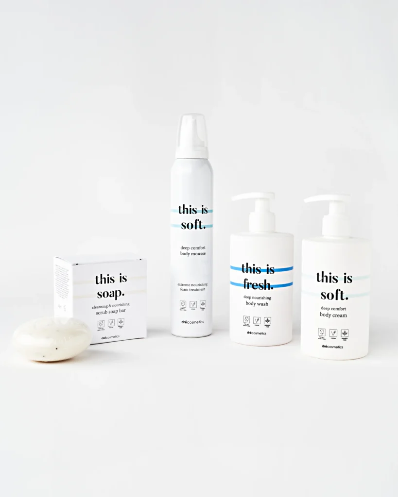 creative product advertising photo with cosmetics on the white background