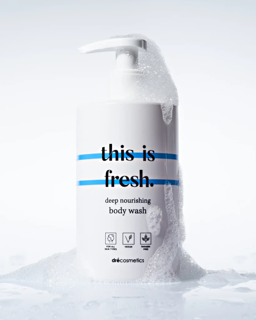 creative product advertising photo with soapy bottle of a cosmetic hand soap