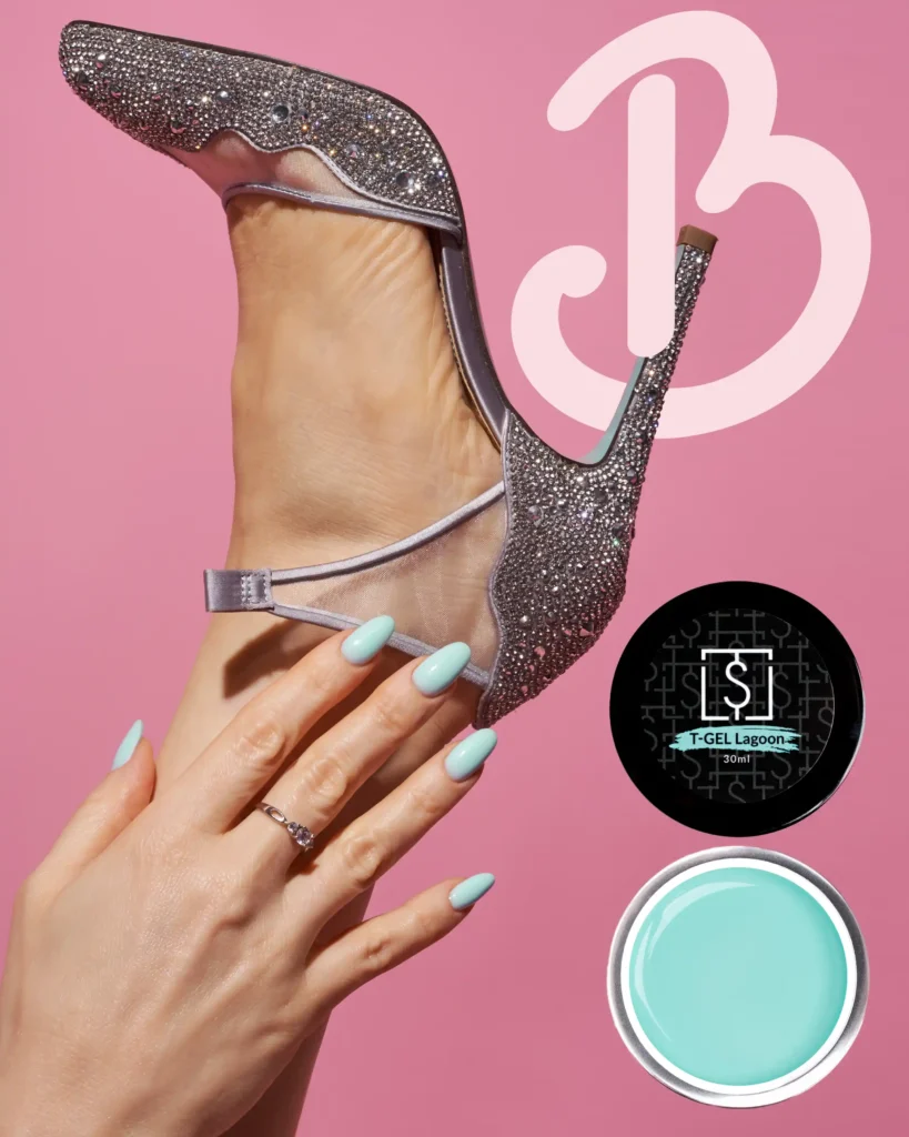 creative product advertising photography of a silver shoe and Tiffany colour nails, with a nail biab gel on the pink background, barbie theme