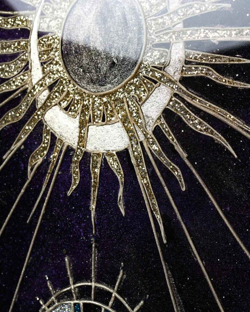 portrait painting / collage of a meditation practice with a detail of sun and moon, galaxy background with stars