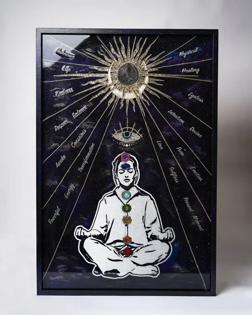 portrait painting / collage of a meditation practice with elements of sun and moon, galaxy background with stars, chakras on the body