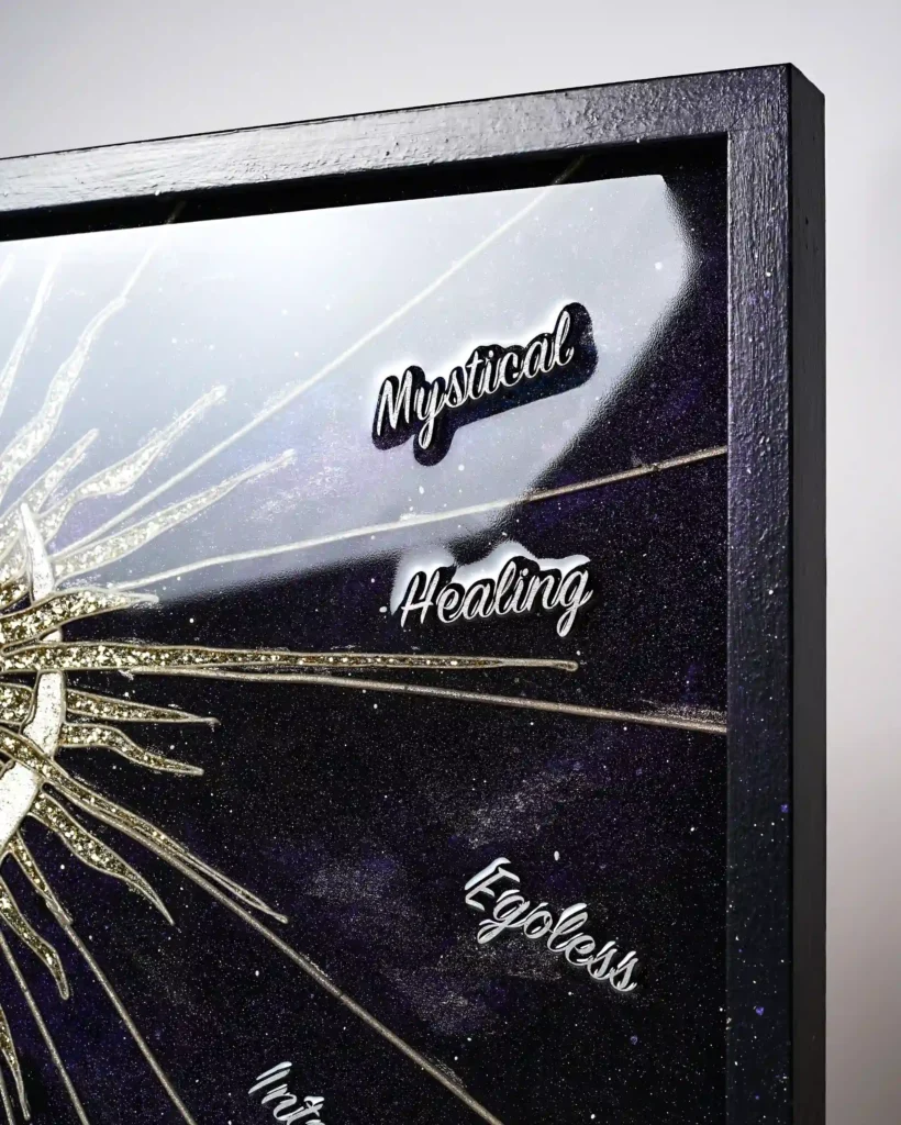 portrait painting / collage of a meditation practice with elements of sun and moon, galaxy background with stars, mystical words