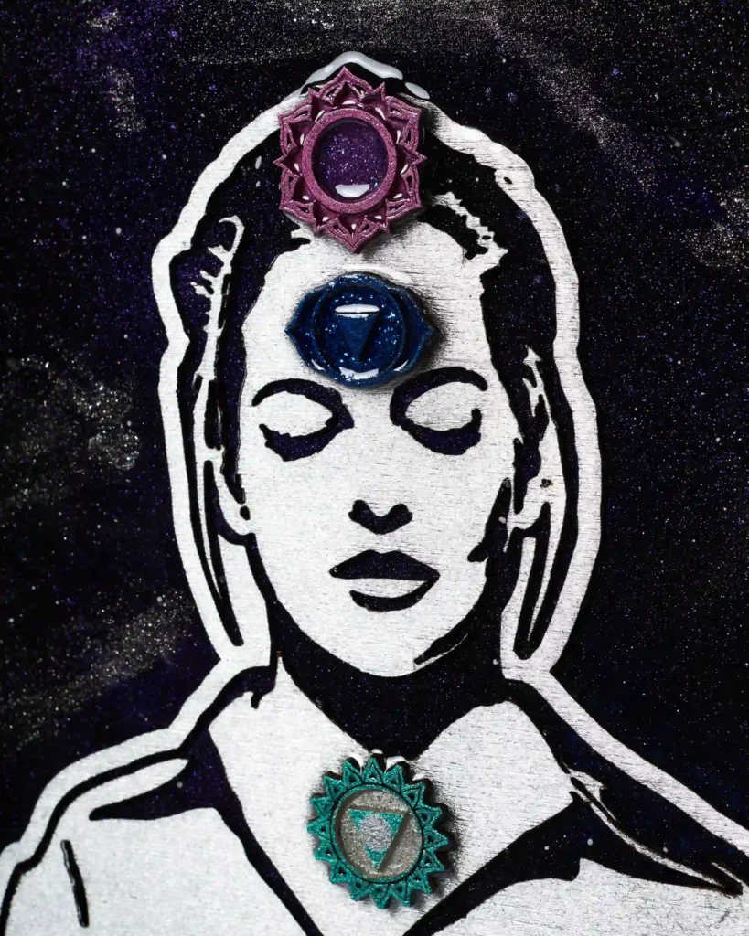 portrait painting / collage of a meditation practice with elements of sun and moon, galaxy background with stars, chakras on the body