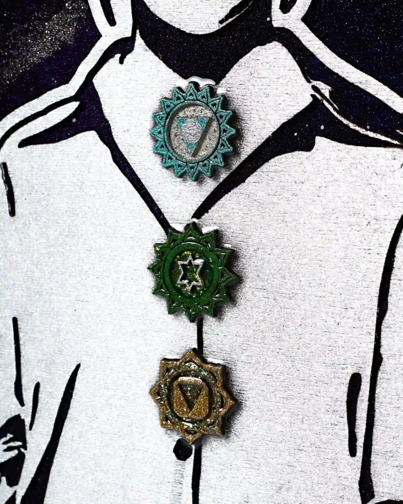 close up portrait painting / collage of a meditation practice with elements of sun and moon, galaxy background with stars, chakras on the body