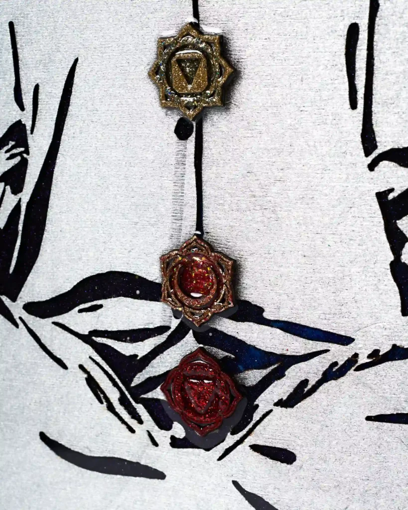 close up portrait painting / collage of a meditation practice with elements of sun and moon, galaxy background with stars, chakras on the body