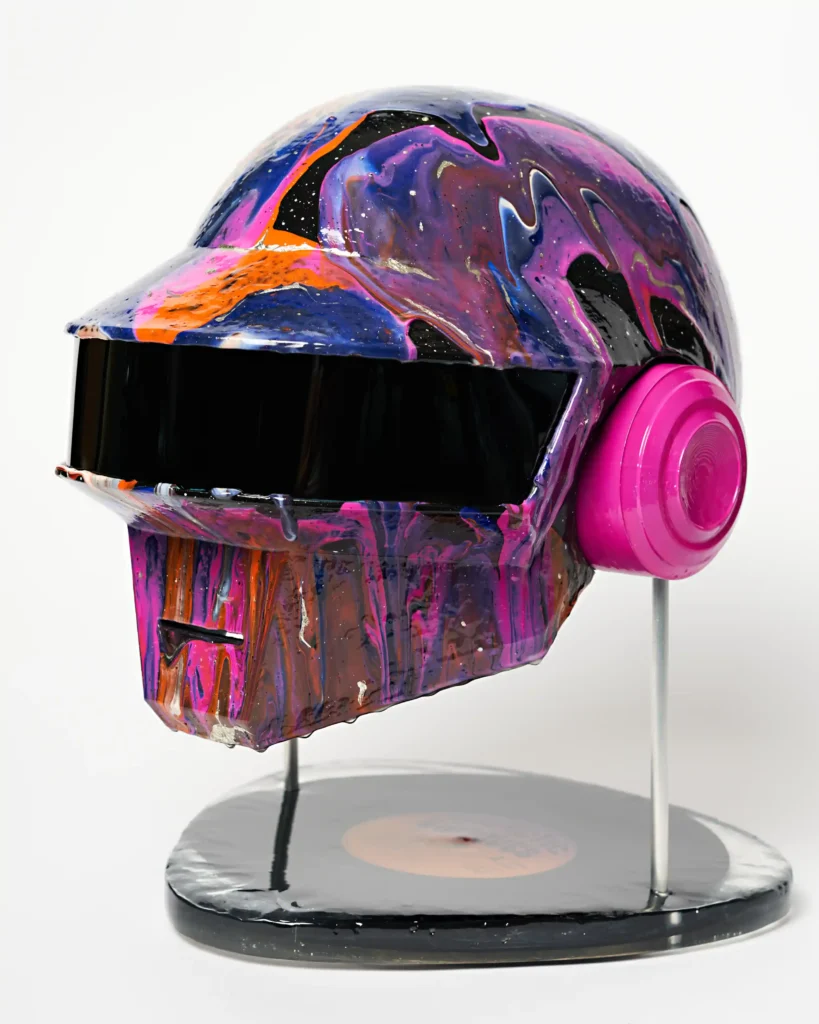 colourful galaxy painting on the art piece replica of a daft punk helmet. Full photo with a stand.