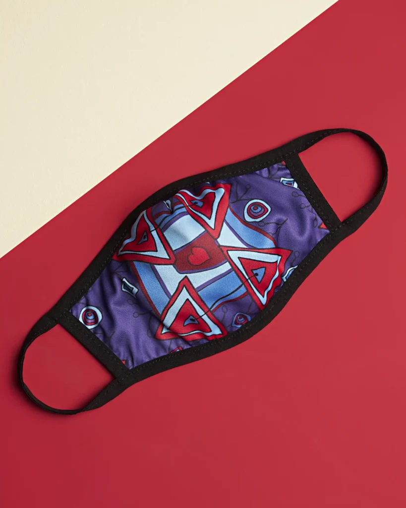 still life Packshot product photography of mouth mask on a red and beige background