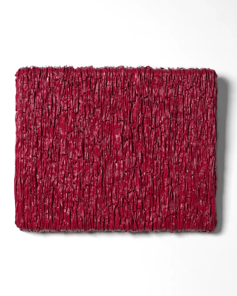 painting sculpture on the wall, thin lines of the red and pink plaster art. The view from the front